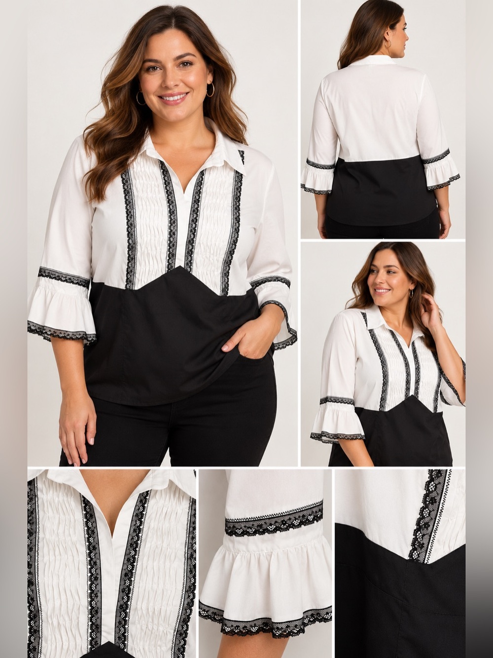 Lane Bryant Black White Lace Bell Sleeve Blouse 22/24
